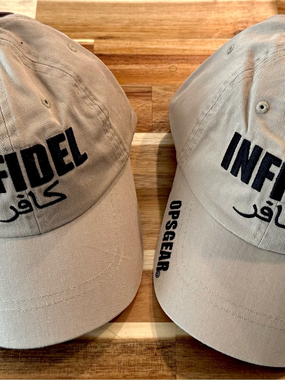 Pair (2) INFIDEL by OpsGear Baseball Caps in Khaki with Black Logo